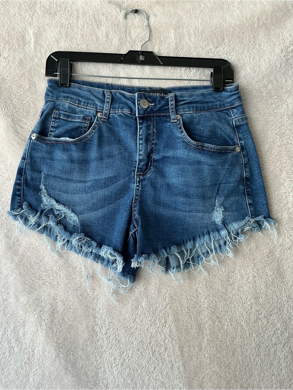 AKIRA Medium Blue Distressed Frayed Hem Jean Shorts